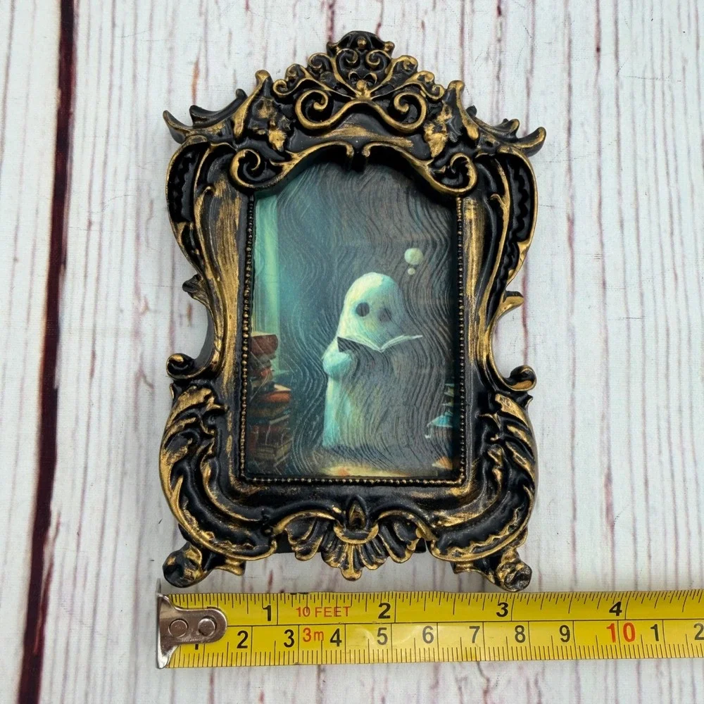 Ornate Gold and Black Ghost Reading Art Print Decoupage Resin Frame 4.75